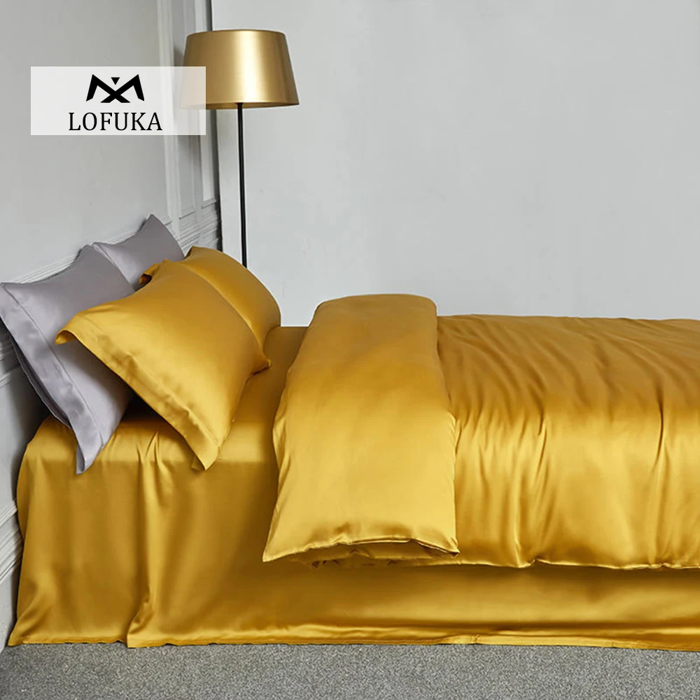 

Lofuka Luxury Women Yellow 100% Silk Bedding Set Beauty Silky Quilt Cover Double Queen King Flat Sheet Pillowcase For Deep Sleep