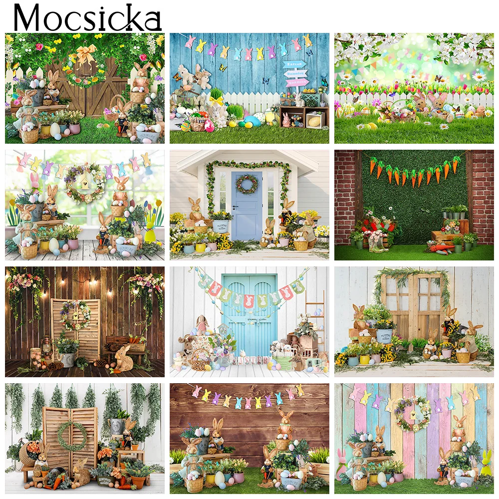 Happy Easter Party Backdrop Spring Rabbit Cake Smash Portrait Photo Background Colorful Eggs Flowers Grass Studio Photography