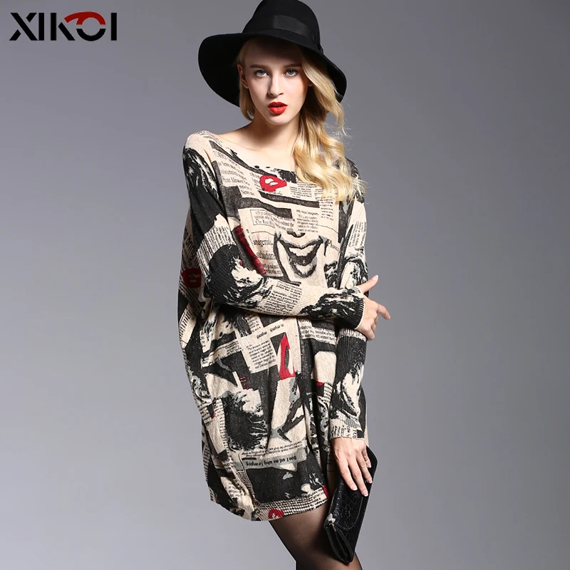 XIKOI Women Oversized Sweater Dress Autumn Pullovers Batwing Sleeve Patchwork Print Slash Neck Pull Femme Knitted Sweaters