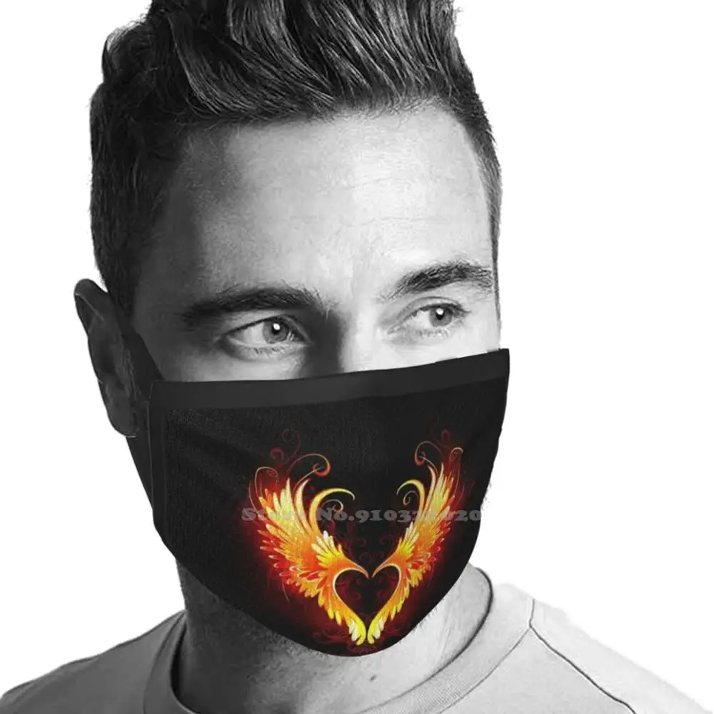 Angel Fire Heart With Designer Black Breathable Reusable Mouth Mask Fire Heart Fire Fire Red Black Background Winged Glow In