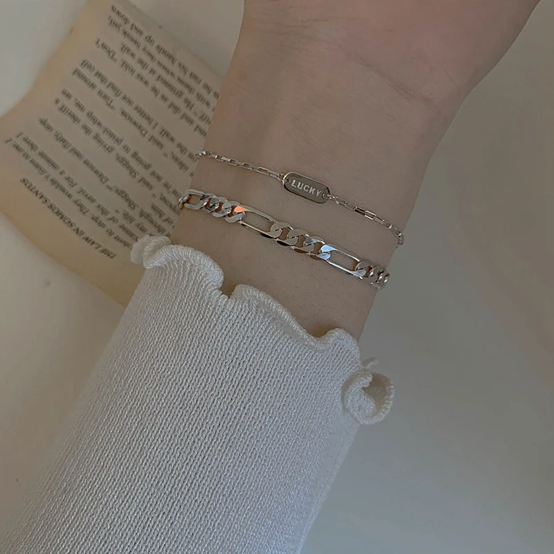 Silvology 925 Sterling Silver Square Lucky Letter Bracelets Wide Chain Minimalist Elegant Bracelets for Women 925 Office Jewelry