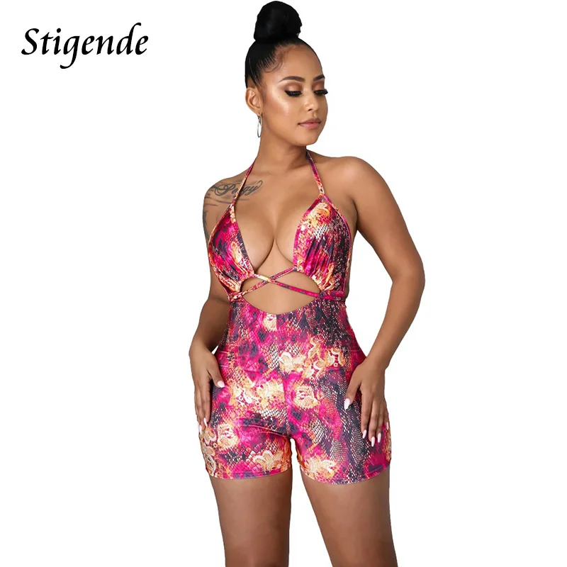 Stigende Fashion Print Backless Romper Women Sexy Bandage Bodycon Halter Neck Jumpsuit Casual Summer Patchwork Tie Up Shorts