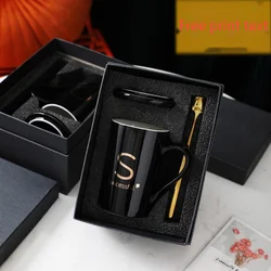 Free Customization Ceramic Letter Mug Fine Gift Box Coffee Cup Simplicity 400ml Tea Cup Set With Lid Black Cups For Couple Gifts