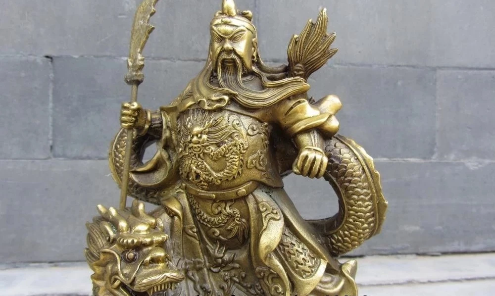 China Folk Brass Copper Stand Dragon Guan Gong Guan Yu Wu Sheng Warrior Statue