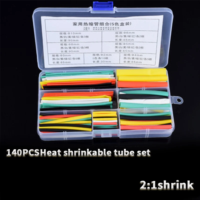 

140pcs Heat Shrinkable Tube Kit Shrinking Assorted Polyolefin Insulation Sleeving 2:1 Wire Cable Sleeve Kit DIY Wire Repair