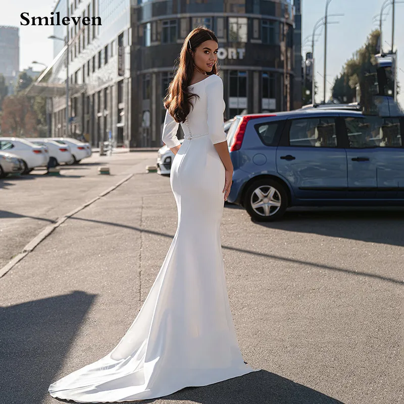 Smileven Elegante Satin Mermaid Trouwjurken Half Sleeve Ivoor Boho Wedding Bruidsjurk O-hals Abito Da Sposa