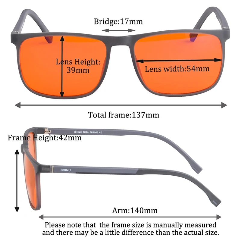 SHINU Marke Blaulicht-blockierende Brille, rote Linse für besseren Schlaf, orangefarbene Linse für Langzeitarbeit oder Spiel, Anti 99 % blaues Licht