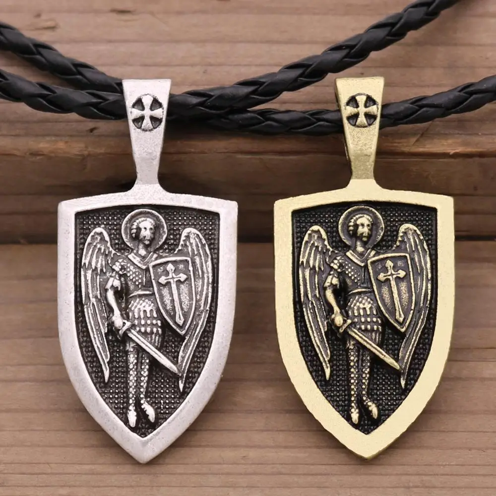 Collier en forme de bouclier d'ange pour hommes, pendentif, guerrier Viking, archange, Protection de Michael, amulette, croix, russe, orthopédique, bijoux, livraison directe
