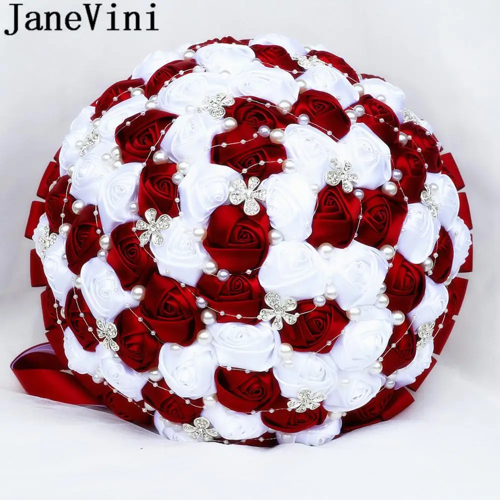 JaneVini 30CM Besar Pernikahan Karangan Bunga Merah Tua Bunga Pernikahan Karangan Bunga Pengantin Mewah Kristal Mutiara Manik-manik Berlian Imitasi Pengantin Rose