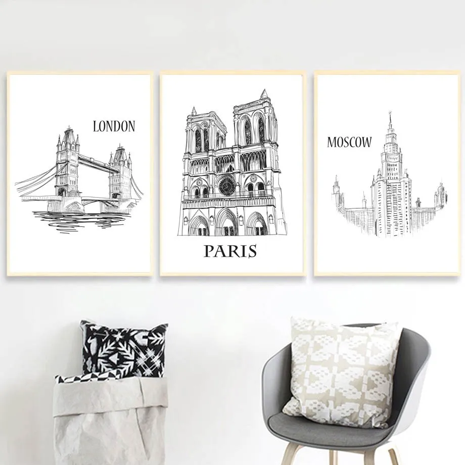 Нордическая черно-белая Современная Художественная декорация, Париж, Москва, стандартное качество, Картина на холсте, Настенный декор, картина, домашний декор для гостиной