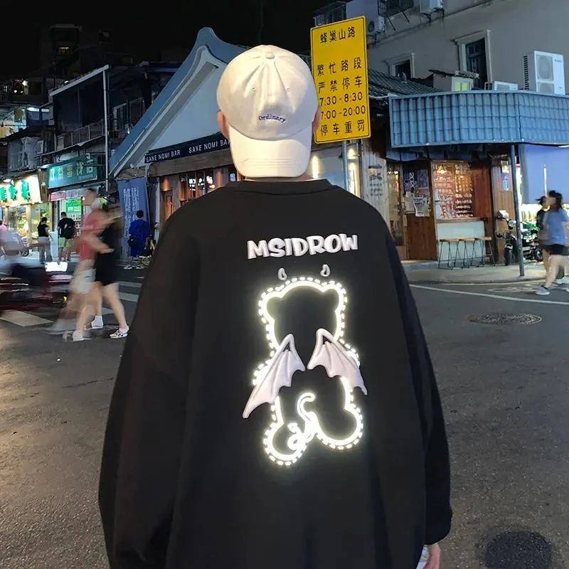 Streetwear Reflective Bear Print Pullovers Women Korean Harajuku Cartoon Casual Sweatshirt O-Neck Gothic Long Sleeve Tops Female