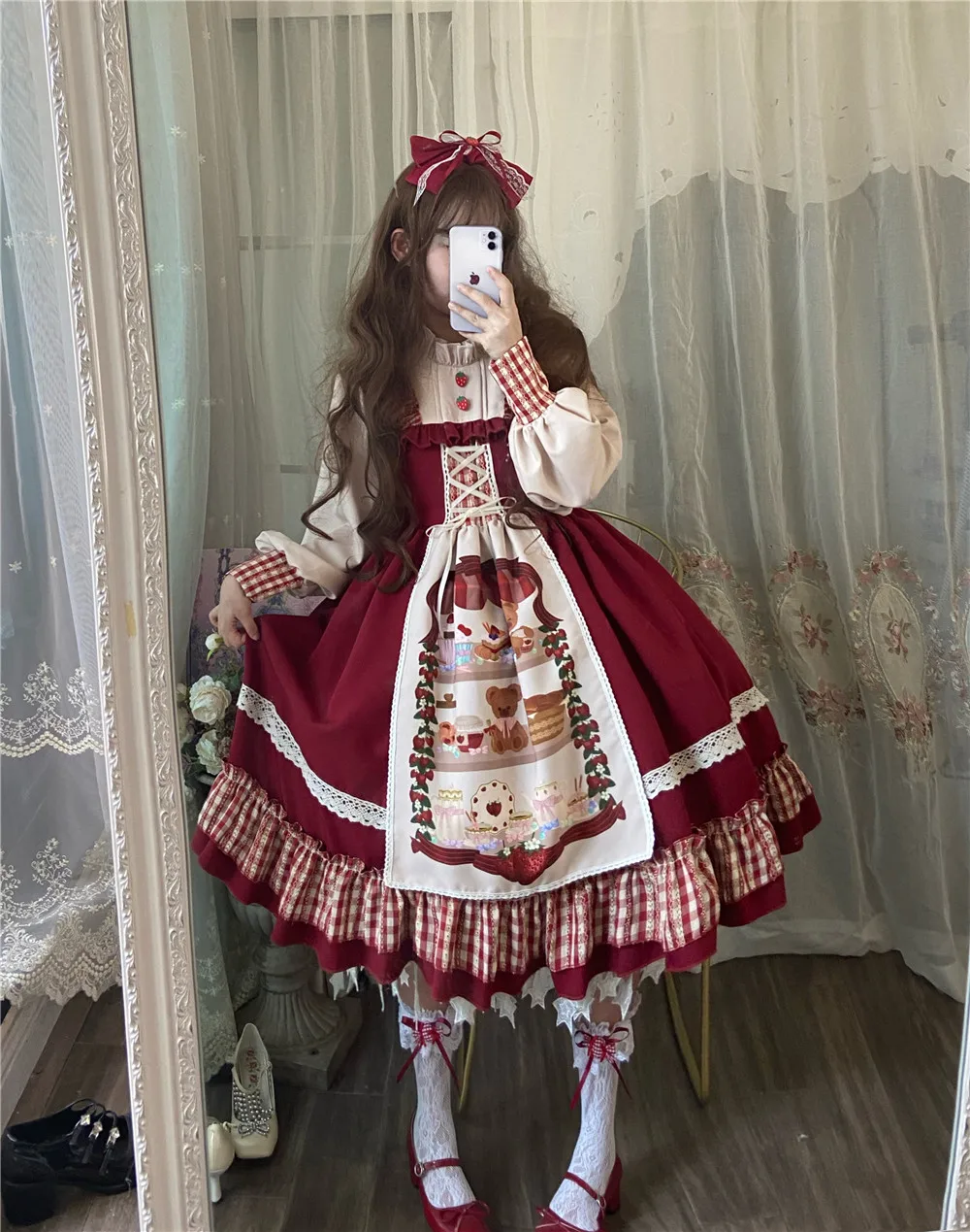 Prinzessin tee party süße lolita kleid vintage spitze bowknot hohe taille rot kleid mori mädchen gothic lolita op loli cosplay cos