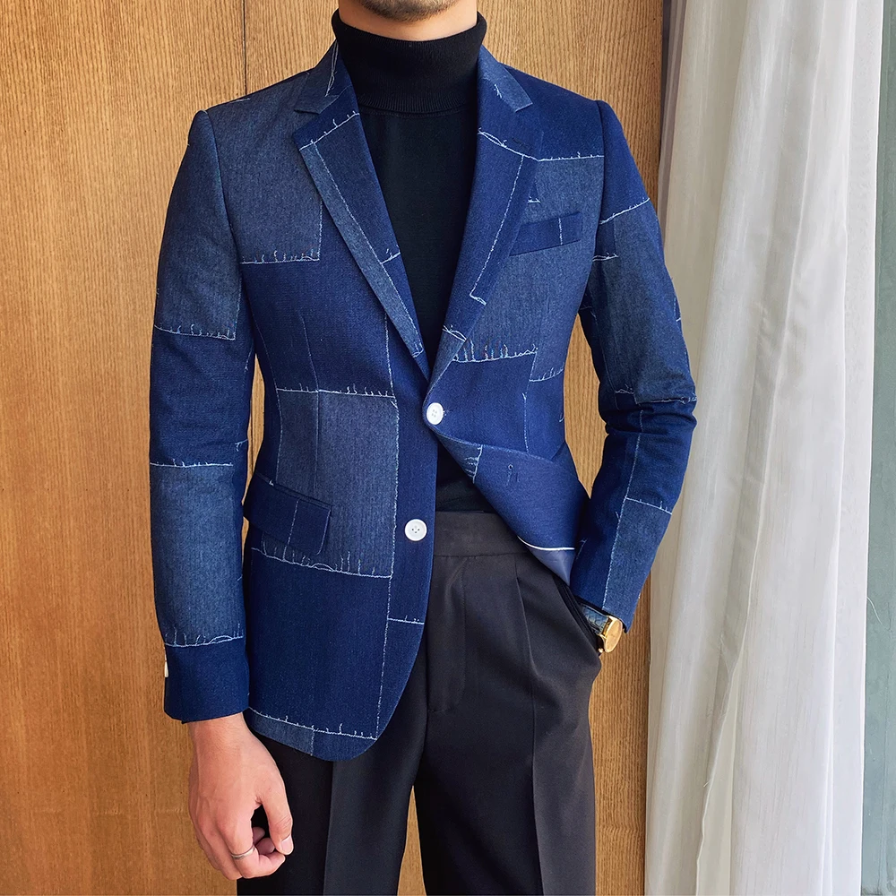 

Smoking Blue Denim Blazers Jacket+Black Pants 2 Pieces Set Groomsman Single Breasted Mens Suits England Style Custom Made Coat