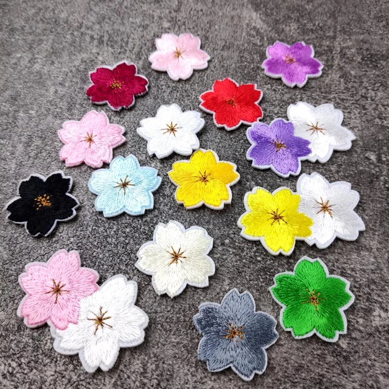 Colorful Cherry Blossoms Patches Clothe Embroidery Applique Sewing Supplies Decorative Pink Green Blue Red Sakura