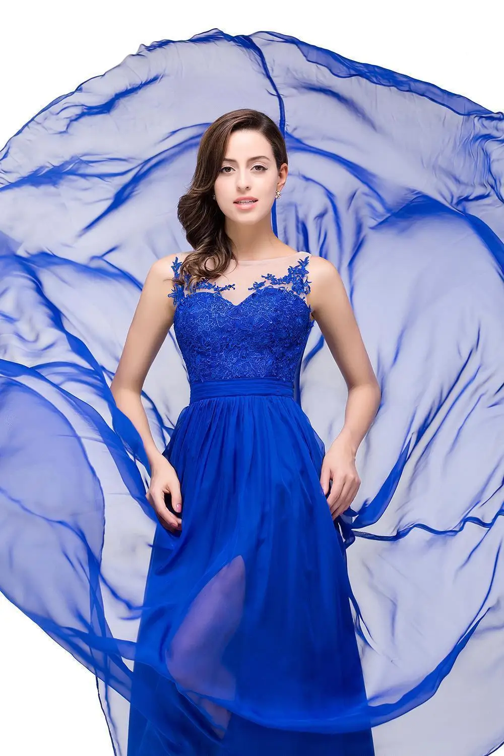 In Stock Royal Blue Lace Long Evening Dress Sexy Illusion Chiffon A-line Evening Party Dresses Backless Robe De Soiree