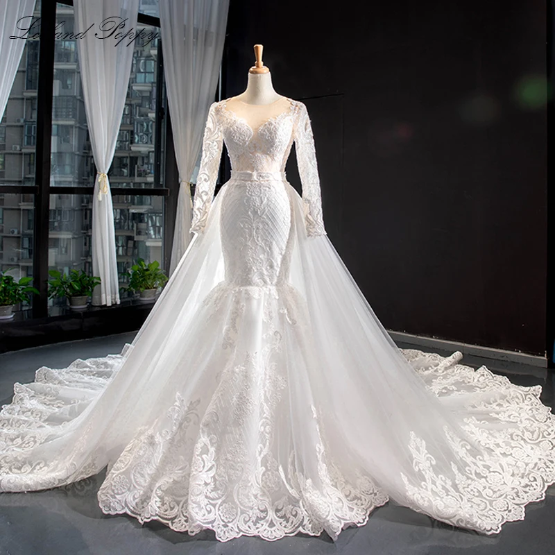 Lceland papavero foto reali scollo tondo pizzo sirena abiti da sposa maniche lunghe illusione abito da sposa con treno staccabile