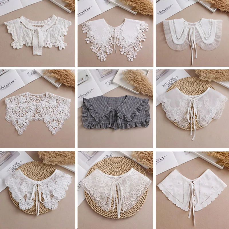 Lace Fake Collar Women Detachable Collars For Women False Collar Embroidery Floral Lolita Lapel Half Shirt Shawl Wrap Decoration