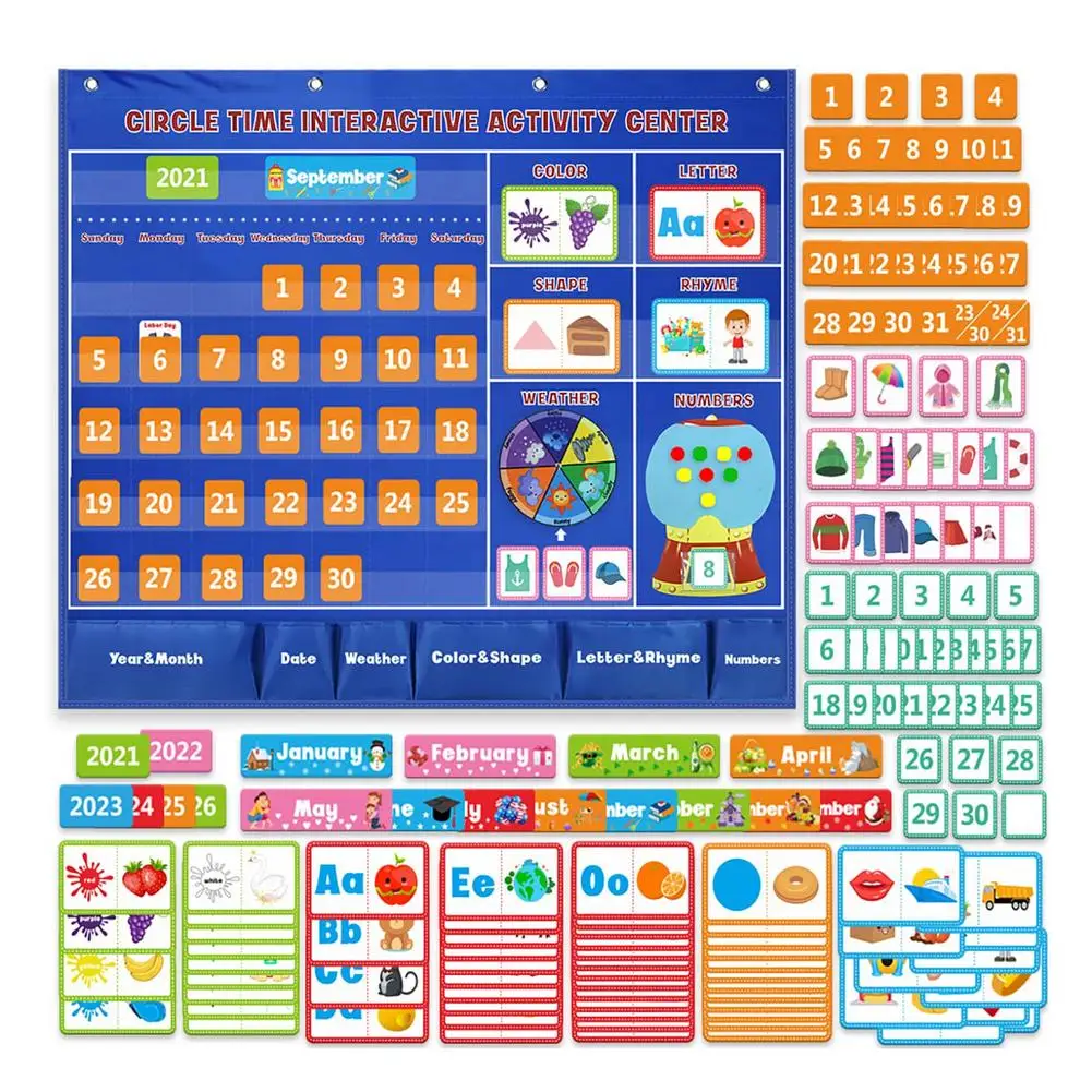 Kids Circle Time Center Pocket Chart Set Child Educational Learning Color Calendar Counting Wording Rhyme Pictures Pocket Chart