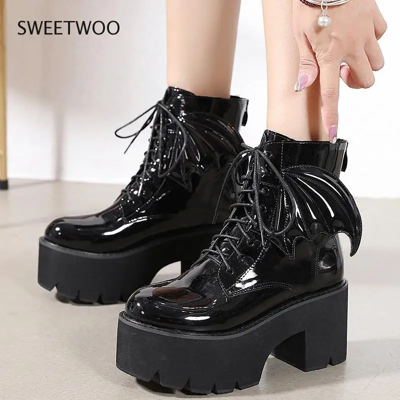 

Fashion Wing Ankle Boots High Heels Patent Leather Womens Platform Boots Punk Gothic Sexy Model Shoes