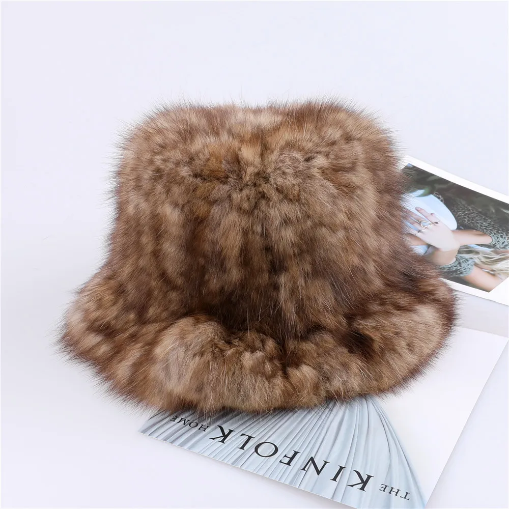 Highend Women\'s Winter Knitted 100% Real Sable Fur hat Fur Top Bucket Cap Female Warm Thick