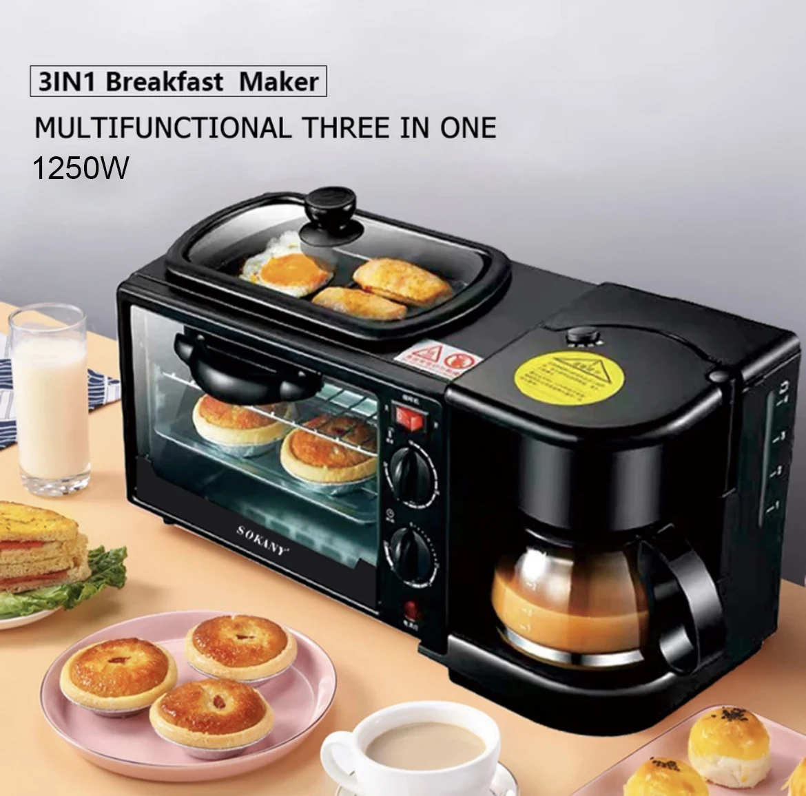 3 In 1 Multi Function Breakfast Maker Machine 220V 1250W With Electric Oven Drip Coffee Maker Frying Tray Tea Pot Home Appliance