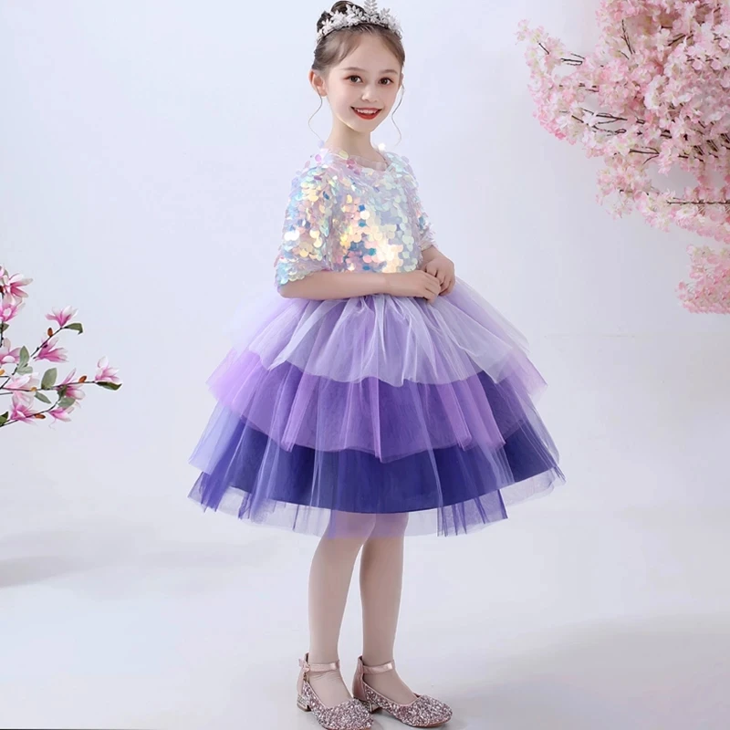 Vestidos de flores para niña, para bodas, cuello redondo, Media manga, por encima de la rodilla, fiesta de niños, vestidos de comunión con lentejuelas a capas, vestido de princesa