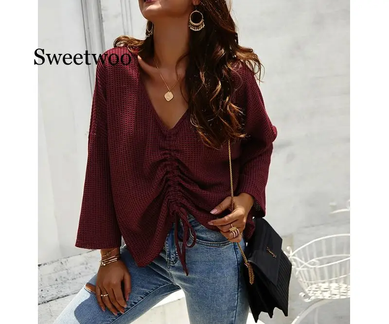 

Lace Up Women Casual Loose Tops Pullover 2020 Autumn Winter Sweaters Female Solid Sexy V Neck Long Sleeves Fold Knitted Sweaters