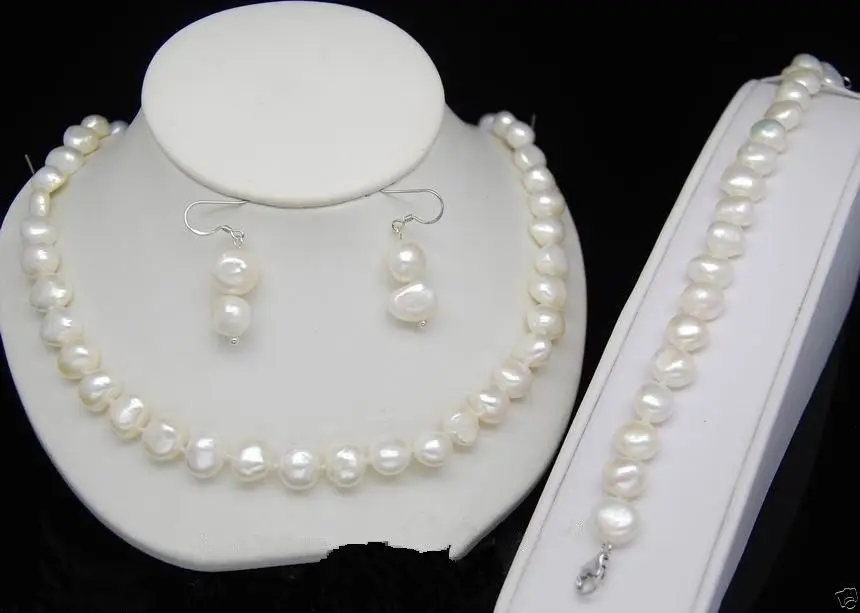 

charming 9-10mm white Freshwater Baroque pearl Necklaces Bracelet earring Set