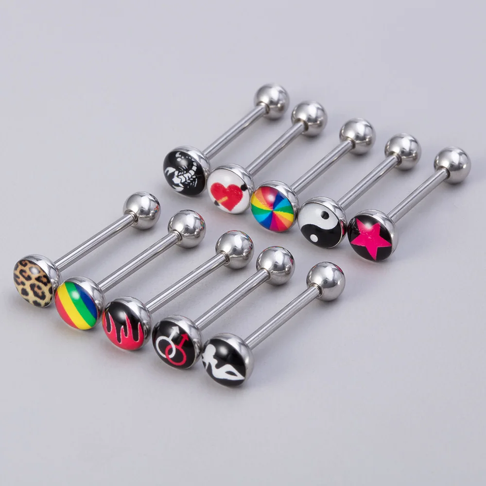 10pcs/Lot Surgical Steel Metal Tongue Rings Barbells Funny Nasty Picture Logo Signs Tongue Piercing Jewelry 14g Length 5/8