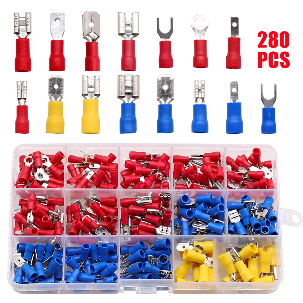

280Pcs Assorted Insulated Spade Crimp Terminal Butt Electrical Wire Cold-Pressure Terminal Set Red Blue Yellow with Box