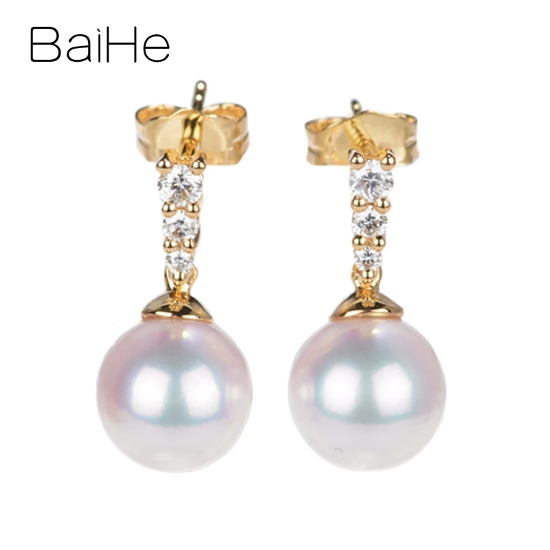 

BAIHE Solid 14K Yellow Gold Natural Freshwater Pearl Diamond Stud Earrings Women Wedding Party Fine Jewelry Making أقراط اللؤلؤ