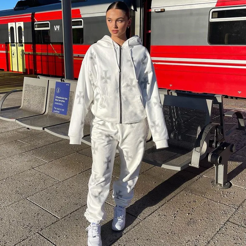 ฤดูใบไม้ผลิฤดูใบไม้ร่วง Rhinestone CROSS Sweatpants Y2k Grunge Joggers เอวสูงกางเกงกระโปรง Streetwear เกาหลีแฟชั่นผู้หญิงเสื้อผ้า