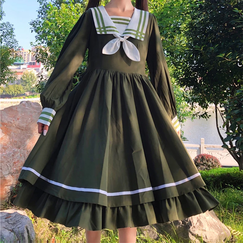 

Women's 2020 Autumn Japanese College Style Sweet Retro Sailor Collar Long Sleeve Waist Hugging Ruffles sweet lolita dress