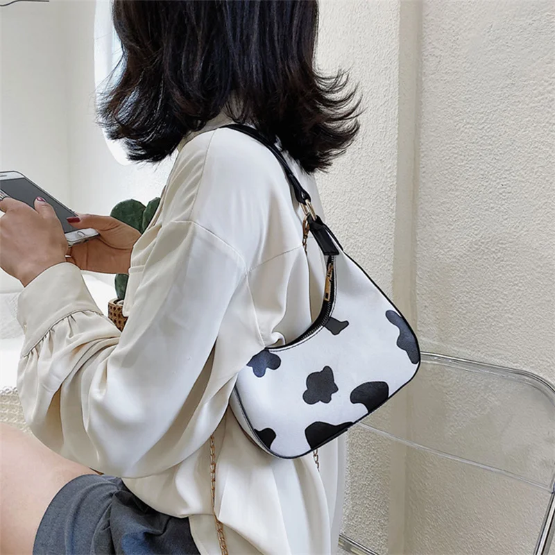 

Milk Cow Pattern Hobos Handbag PU Leather Ladies Small Half Moon Shoulder Crossbody Bags