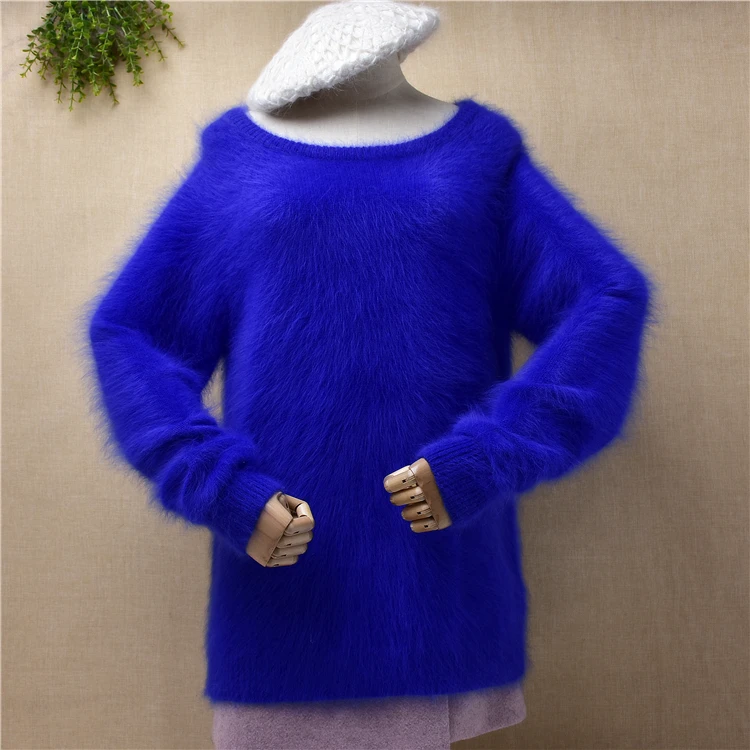 

female women autumn winter hairy plush mink cashmere knitwear o-neck loose pullover angora fur jumper sweater pull jersey robe