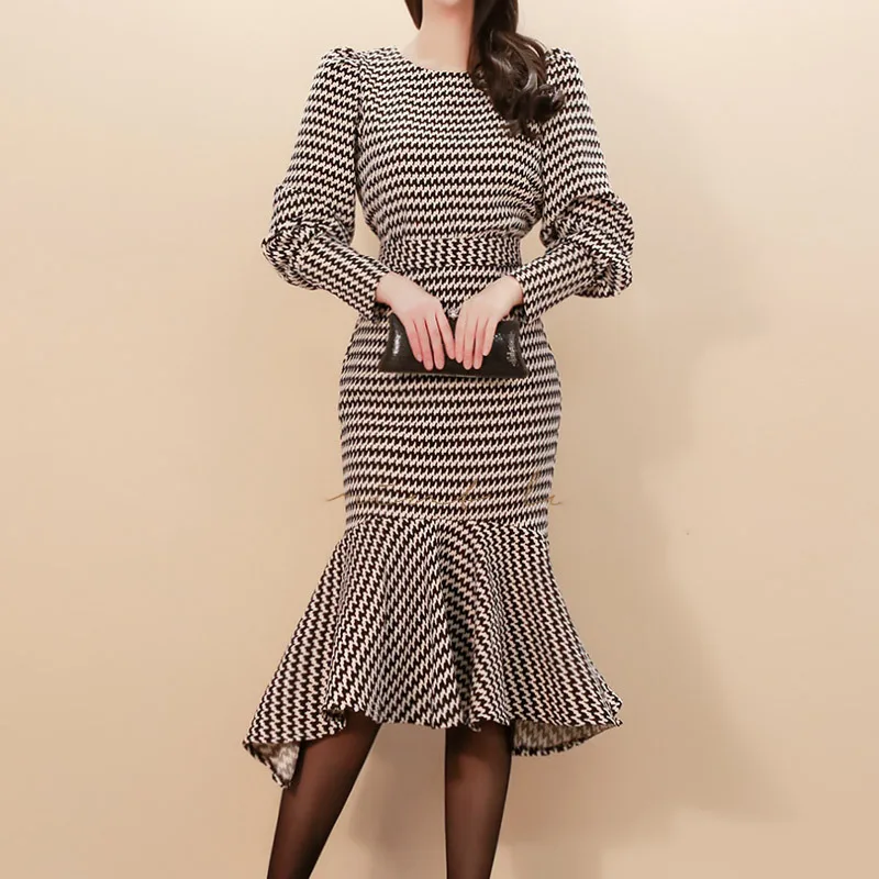 

Women's Puff Sleeve Blouse and Trumpet Bodycon Skirt Ladies Houndstooth 2 Piece Set Autumn Winter Casual Elegant Two Piece Set