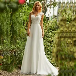 Robe de mariée bohème à col rond avec appliques en dentelle, robe de mariée princesse vintage, jupe en mousseline de soie, robe de mariée de plage, chaud, 2020