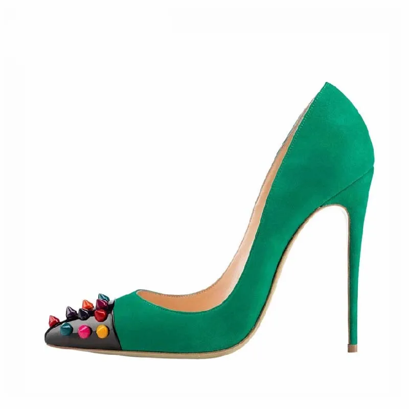 

Lady Green Suede Rivets Studs Pointed Toe Pumps Party Evening Dress Heels Sexy Stiletto High Heels Women Slip On Shoes