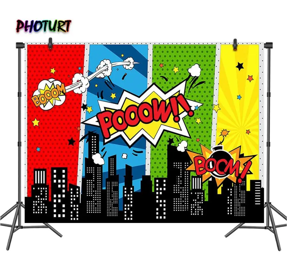 PHOTURT Cartoon Boom Photography Backdrops Kids Birthday Decorate Background Blue Stripe Polyester Vinyl Photo Studios Props