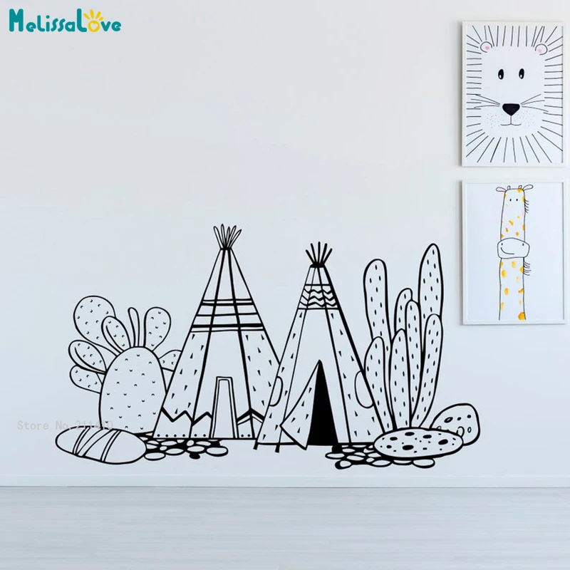 Nursery Teepee Wall Decal Scandinavian Baby Room Decor Cactus Sticker Home Murals for Kids Childrens Removable YT6209