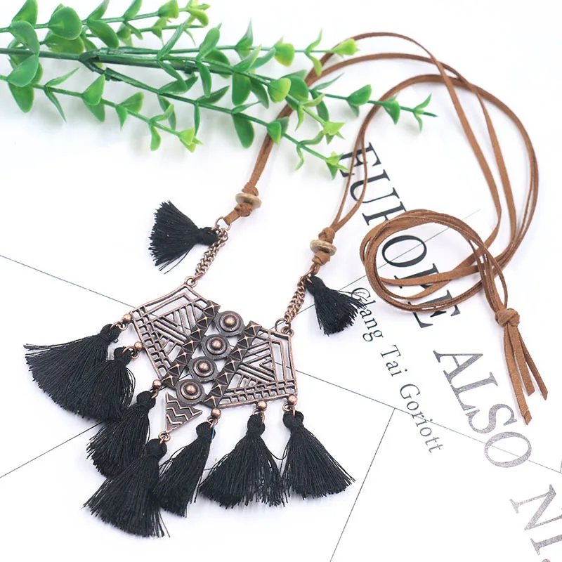 Bohemia Long tassel women\'s necklaces Long Leather chain Sweater chain Ethnic round tassel necklaces for women wholesale