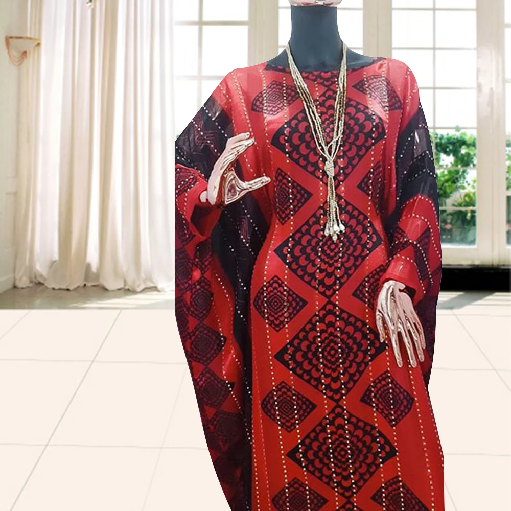 New Arrival 2021 Solid Color African Clothes For Women Bat Sleeve Ankara Geometry Print Nigerian Style Muslim Dresses