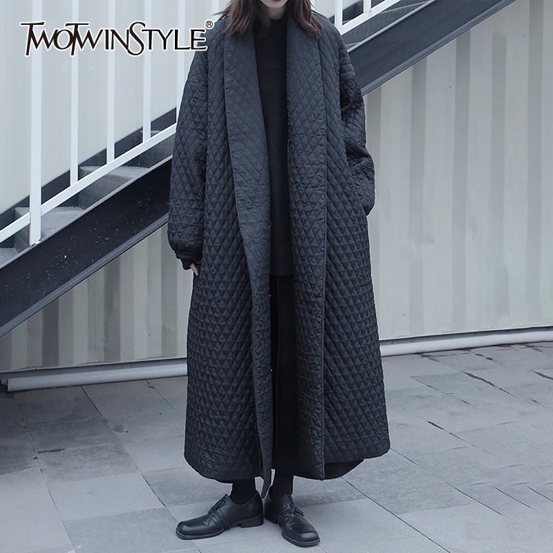 TWOTWINSTYLE Splicing Argyle Mid Parkas For Women V Neck Long Sleeve Casual Solid Cotton Coat Female Fashion New Winter Stylish