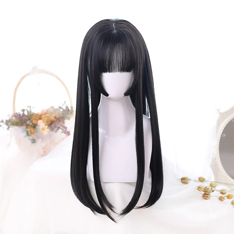 AOSI  Long Straight Hair Black Synthetic Lolita Wigs with Bangs for Women Fashion Female Cosplay Party Christmas Wigs