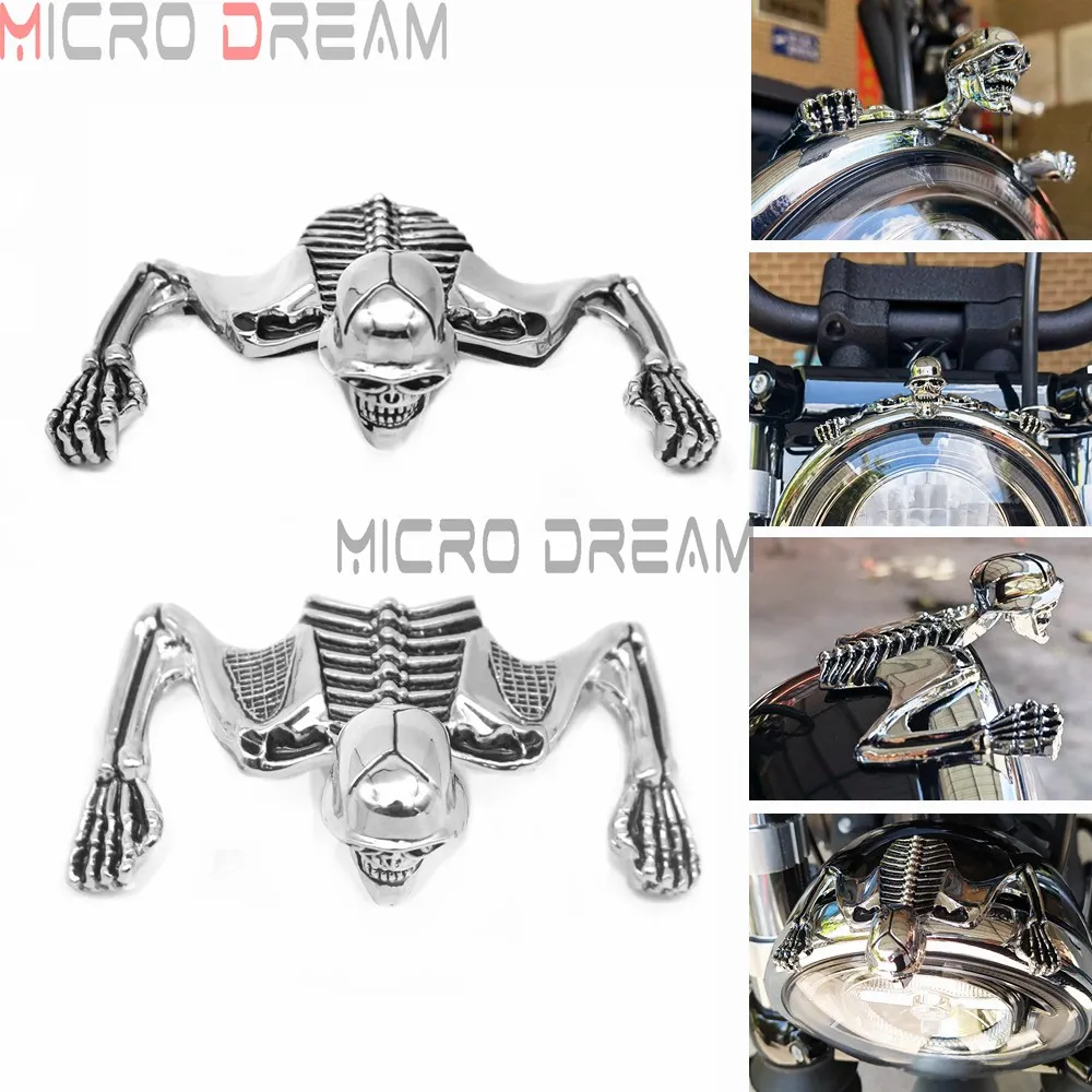 

100mm & 85mm Skull Ornament for Harley 7" 7inch Headlight Visor Skeleton Fender Mudguard Curved Housing Decoration Chrome Statue