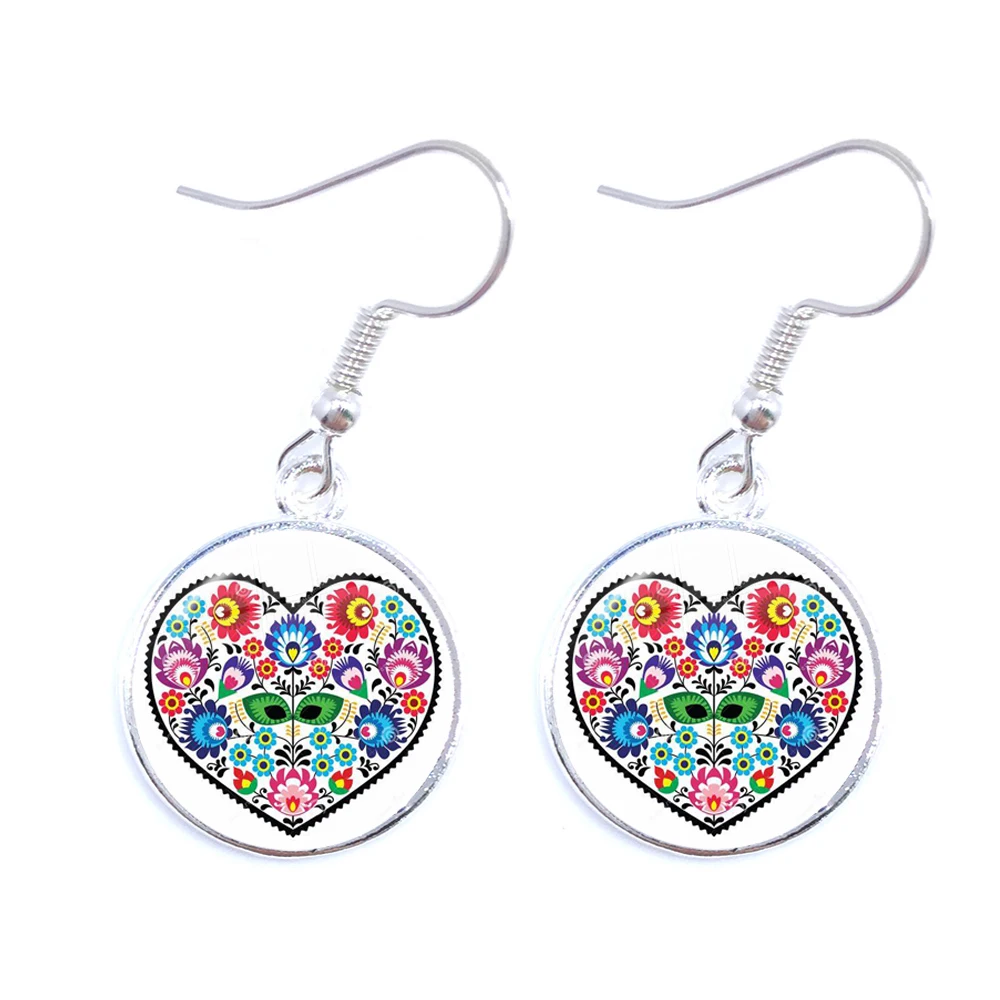 Ethnic Polish Folk Art Pattern Drop Earrings Bohemia Fashion Flower Print Round Jewelry For Women Girls Gift