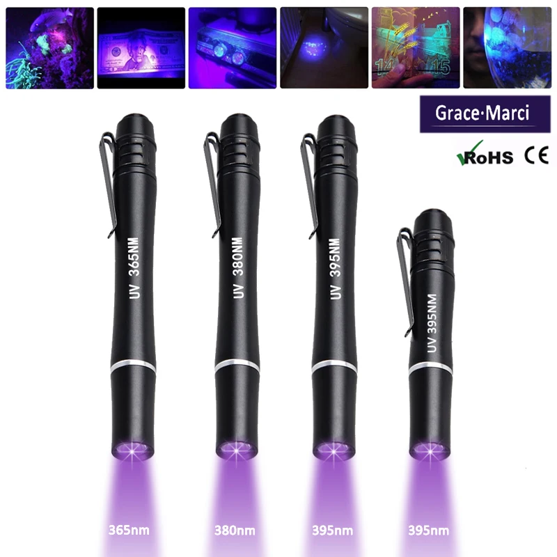 Satışa taşınabilir Mini UV kalem işık Ultra Violet LED kalem fener 365nm Money Money para tespit için klip ile Penlight LED