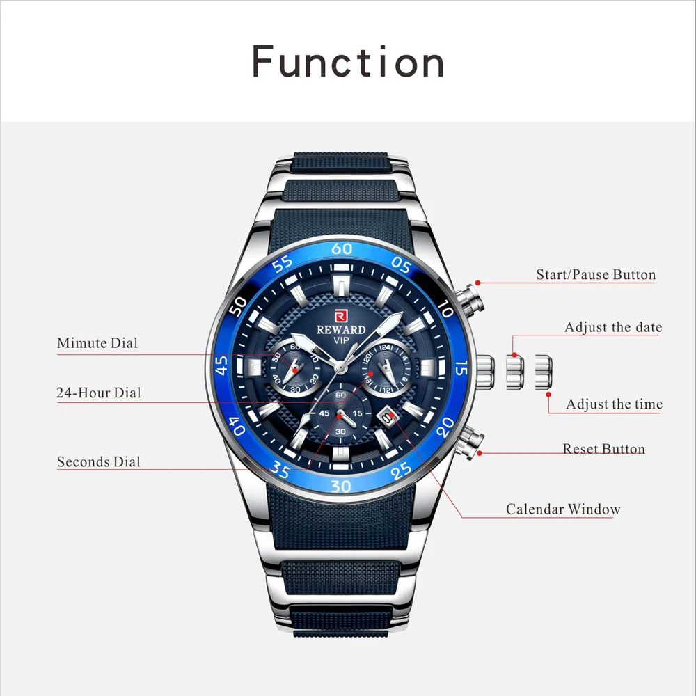 REWARD Brand Mens Watches Luxury Quartz Blue Watch Full Steel Men Chronograph Waterproof Business Wrist Watch Relogio Masculino