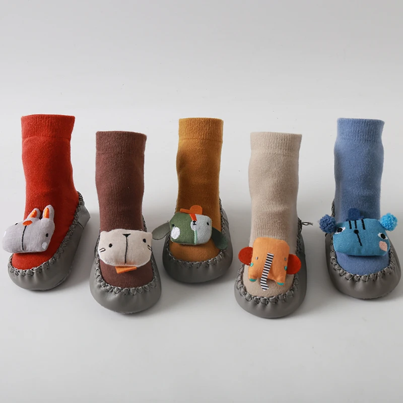 Baby Non Slip Leather Soles Sock Shoes Newborn Infant Girls Boys Spring Funny Cotton Animal Long Floor Socks First Walker Shoes