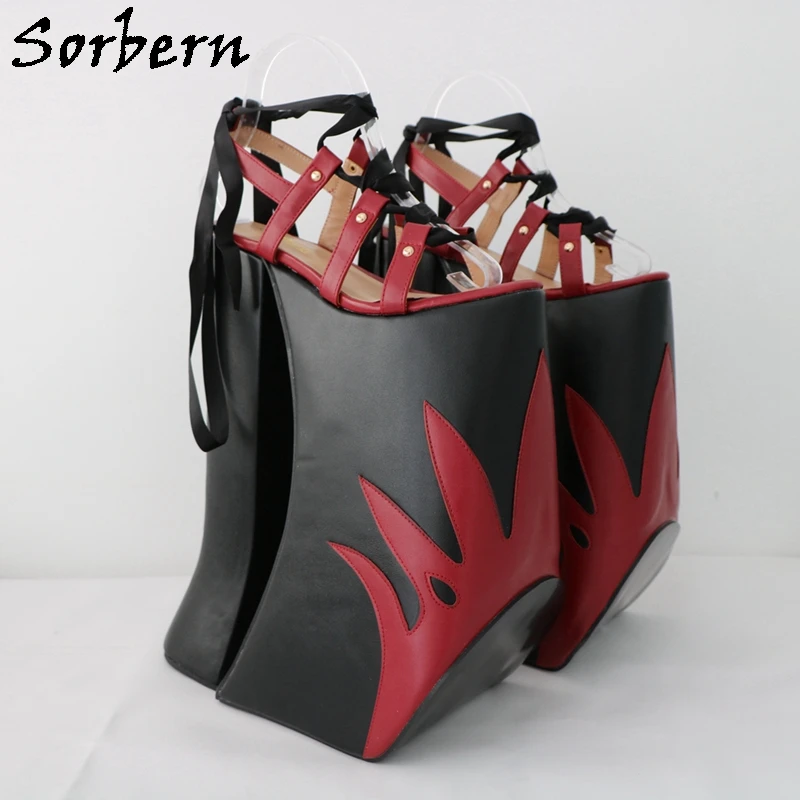 Sorbern Sorbern Wine Red Flames Women Sandals Thick Wedges Wide Sole Display Shoes for Drag Queen Slingback Custom Colors